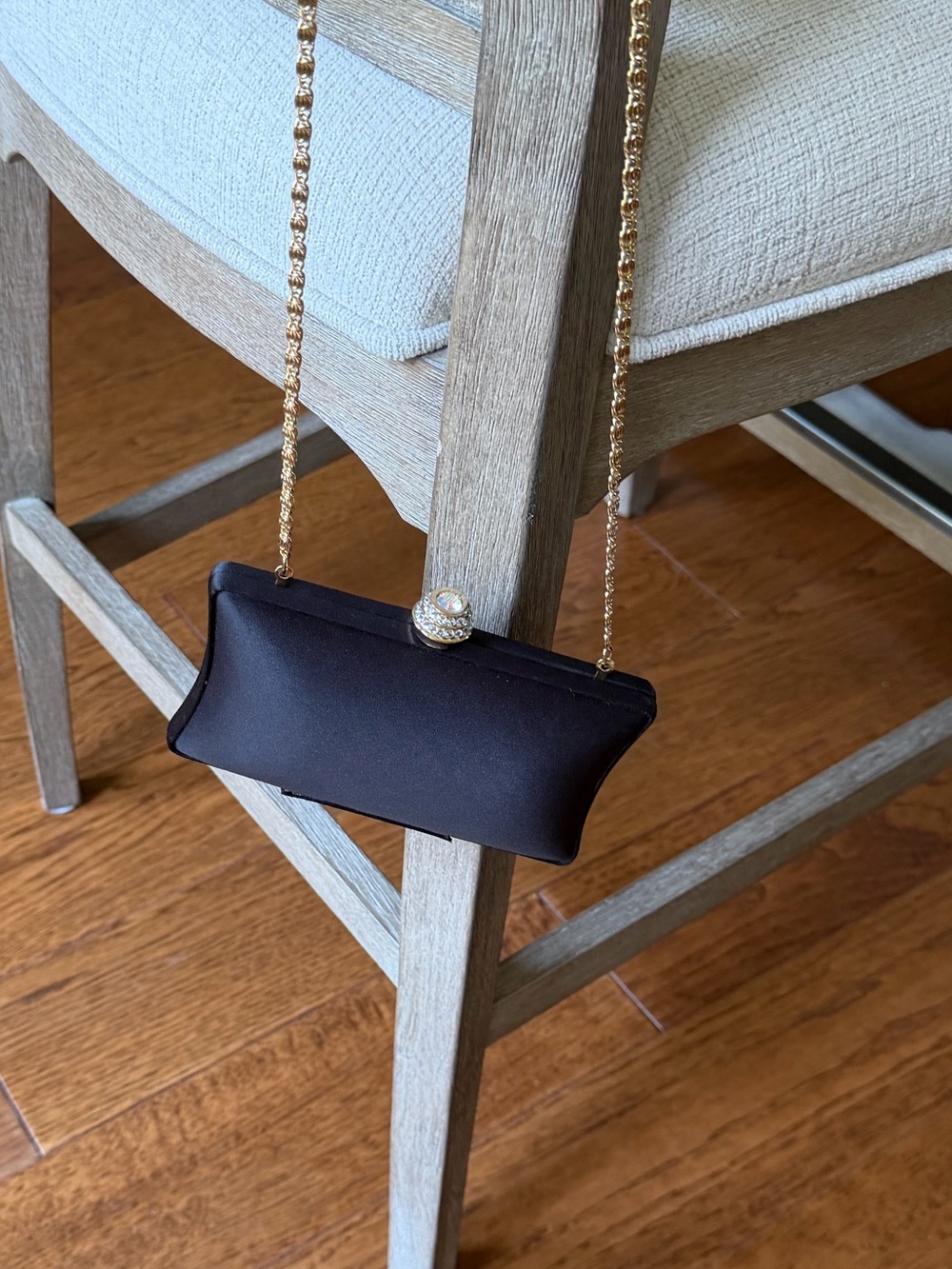 Carlo Fellini Black Satin Evening Clutch, Removable Gold Chain, Rhinestone Clasp